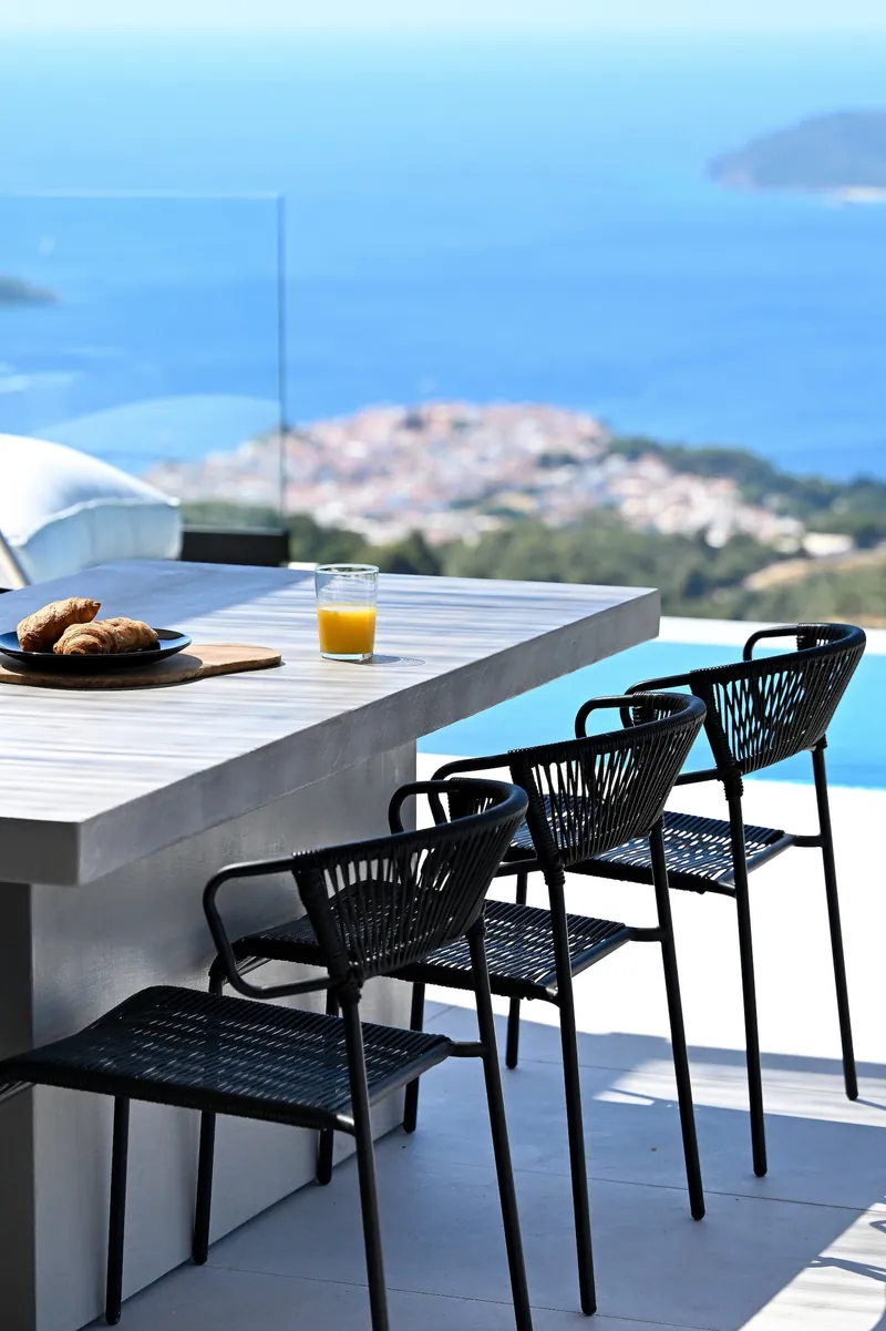 Breakfast on the terrace bar, Skiathos Town below
