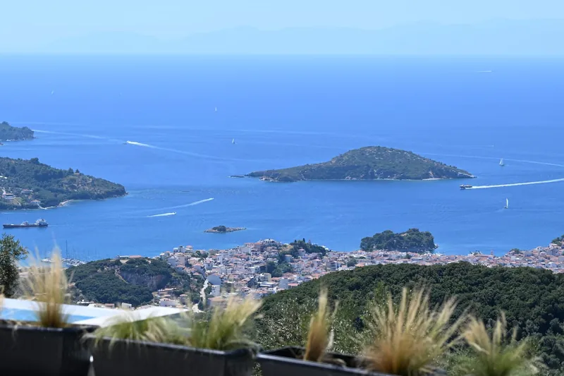Skiathos Town, the harbour and the islets, seen from the villa