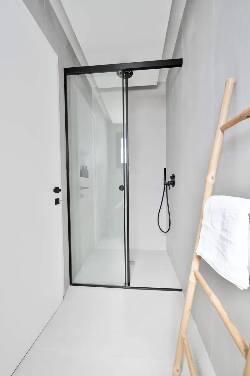 The walk-in glass shower
